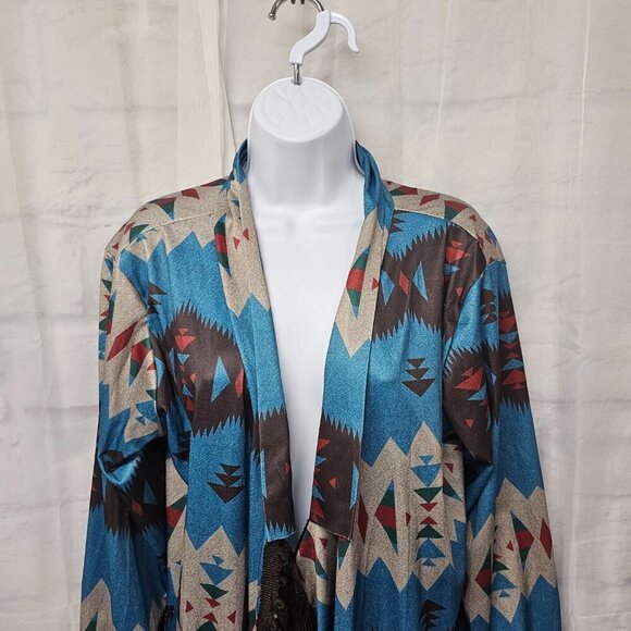 Blue Brown Aztec Kimono Fringed Southwestern Bohemian Cardigan XL - Picture 2 of 12